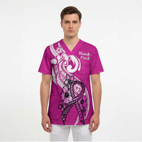 Polynesia Breast Cancer Awareness Scrub Top Think Pink Polynesian Ribbon White Version - Polynesian Pride