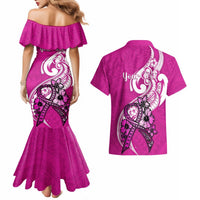 Personalised Polynesia Breast Cancer Awareness Couples Matching Mermaid Dress and Hawaiian Shirt Think Pink Polynesian Ribbon White Version LT14 - Polynesian Pride