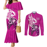 Personalised Polynesia Breast Cancer Awareness Couples Matching Mermaid Dress and Long Sleeve Button Shirts Think Pink Polynesian Ribbon White Version LT14 Pink - Polynesian Pride
