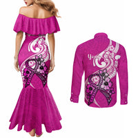Personalised Polynesia Breast Cancer Awareness Couples Matching Mermaid Dress and Long Sleeve Button Shirts Think Pink Polynesian Ribbon White Version LT14 - Polynesian Pride