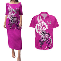 Personalised Polynesia Breast Cancer Awareness Couples Matching Puletasi Dress and Hawaiian Shirt Think Pink Polynesian Ribbon White Version LT14 Pink - Polynesian Pride