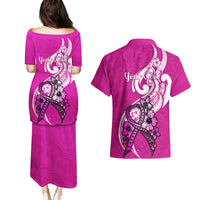 Personalised Polynesia Breast Cancer Awareness Couples Matching Puletasi Dress and Hawaiian Shirt Think Pink Polynesian Ribbon White Version LT14 - Polynesian Pride