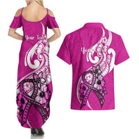 Personalised Polynesia Breast Cancer Awareness Couples Matching Summer Maxi Dress and Hawaiian Shirt Think Pink Polynesian Ribbon White Version LT14 - Polynesian Pride