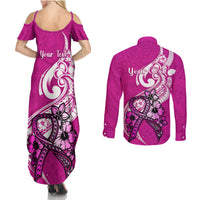 Personalised Polynesia Breast Cancer Awareness Couples Matching Summer Maxi Dress and Long Sleeve Button Shirts Think Pink Polynesian Ribbon White Version LT14 - Polynesian Pride