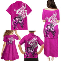 Personalised Polynesia Breast Cancer Awareness Family Matching Puletasi Dress and Hawaiian Shirt Think Pink Polynesian Ribbon White Version LT14 - Polynesian Pride