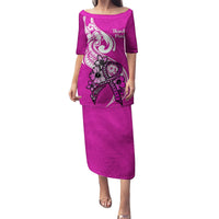 Personalised Polynesia Breast Cancer Awareness Puletasi Think Pink Polynesian Ribbon White Version LT14 Long Dress Pink - Polynesian Pride