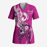 Personalised Polynesia Breast Cancer Awareness Scrub Top Think Pink Polynesian Ribbon White Version - Polynesian Pride