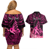 Presonalised Tonga Breast Cancer Awareness Couples Matching Off Shoulder Short Dress and Hawaiian Shirt Pink Ribbon Brave Strong Warrior Tongan Ngatu Pattern LT14 - Polynesian Pride