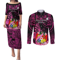 Presonalised Tonga Breast Cancer Awareness Couples Matching Puletasi Dress and Long Sleeve Button Shirts Pink Ribbon Brave Strong Warrior Tongan Ngatu Pattern LT14 Pink - Polynesian Pride