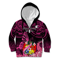 Presonalised Tonga Breast Cancer Awareness Kid Hoodie Pink Ribbon Brave Strong Warrior Tongan Ngatu Pattern LT14 Zip Hoodie Pink - Polynesian Pride