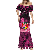 Presonalised Tonga Breast Cancer Awareness Mermaid Dress Pink Ribbon Brave Strong Warrior Tongan Ngatu Pattern LT14 - Polynesian Pride