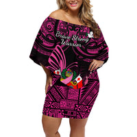 Presonalised Tonga Breast Cancer Awareness Off Shoulder Short Dress Pink Ribbon Brave Strong Warrior Tongan Ngatu Pattern LT14 Women Pink - Polynesian Pride