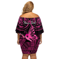 Presonalised Tonga Breast Cancer Awareness Off Shoulder Short Dress Pink Ribbon Brave Strong Warrior Tongan Ngatu Pattern LT14 - Polynesian Pride