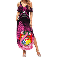 Presonalised Tonga Breast Cancer Awareness Summer Maxi Dress Pink Ribbon Brave Strong Warrior Tongan Ngatu Pattern LT14 Women Pink - Polynesian Pride