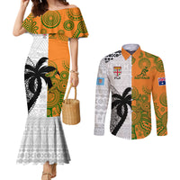 Fiji And Australia Rugby Couples Matching Mermaid Dress and Long Sleeve Button Shirts 2023 World Cup Aboriginal Mix Tapa Pattern LT14 Gold - Polynesian Pride