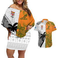 Fiji And Australia Rugby Couples Matching Off Shoulder Short Dress and Hawaiian Shirt 2023 World Cup Aboriginal Mix Tapa Pattern LT14 Gold - Polynesian Pride
