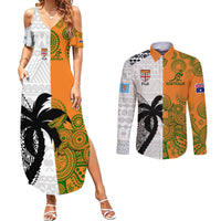 Fiji And Australia Rugby Couples Matching Summer Maxi Dress and Long Sleeve Button Shirts 2023 World Cup Aboriginal Mix Tapa Pattern LT14 Gold - Polynesian Pride