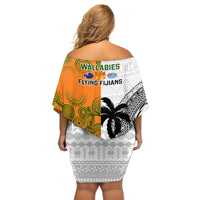 Fiji And Australia Rugby Off Shoulder Short Dress 2023 World Cup Aboriginal Mix Tapa Pattern LT14 - Polynesian Pride