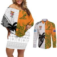 Custom Fiji And Australia Rugby Couples Matching Off Shoulder Short Dress and Long Sleeve Button Shirts 2023 World Cup Aboriginal Mix Tapa Pattern LT14 Gold - Polynesian Pride