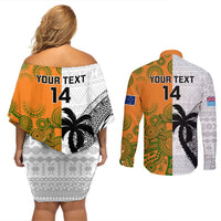 Custom Fiji And Australia Rugby Couples Matching Off Shoulder Short Dress and Long Sleeve Button Shirts 2023 World Cup Aboriginal Mix Tapa Pattern LT14 - Polynesian Pride