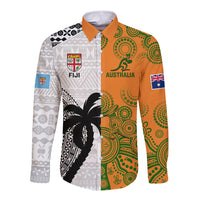 Custom Fiji And Australia Rugby Long Sleeve Button Shirt 2023 World Cup Aboriginal Mix Tapa Pattern LT14 Unisex Gold - Polynesian Pride
