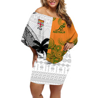 Custom Fiji And Australia Rugby Off Shoulder Short Dress 2023 World Cup Aboriginal Mix Tapa Pattern LT14 Women Gold - Polynesian Pride