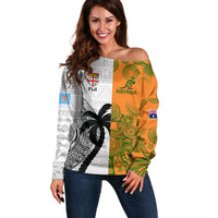 Custom Fiji And Australia Rugby Off Shoulder Sweater 2023 World Cup Aboriginal Mix Tapa Pattern LT14 Women Gold - Polynesian Pride