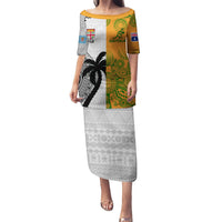 Custom Fiji And Australia Rugby Puletasi 2023 World Cup Aboriginal Mix Tapa Pattern LT14 Long Dress Gold - Polynesian Pride
