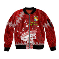 Personalised Tonga King Tupou I Day Sleeve Zip Bomber Jacket Tongan Ngatu Pattern With Crown LT14 Unisex Red - Polynesian Pride