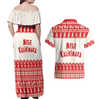 Red Mele Kalikimaka Hawaii Couples Matching Off Shoulder Maxi Dress and Hawaiian Shirt Funny Ho Ho Ho Santa Shaka - Polynesian Pride