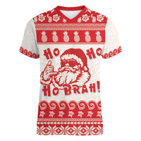 Red Mele Kalikimaka Hawaii Women V-Neck T-Shirt Funny Ho Ho Ho Santa Shaka - Polynesian Pride