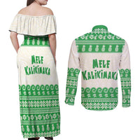 Green Mele Kalikimaka Hawaii Couples Matching Off Shoulder Maxi Dress and Long Sleeve Button Shirt Funny Ho Ho Ho Santa Shaka - Polynesian Pride