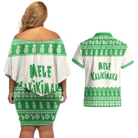 Green Mele Kalikimaka Hawaii Couples Matching Off Shoulder Short Dress and Hawaiian Shirt Funny Ho Ho Ho Santa Shaka - Polynesian Pride