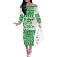 Green Mele Kalikimaka Hawaii Off The Shoulder Long Sleeve Dress Funny Ho Ho Ho Santa Shaka - Polynesian Pride
