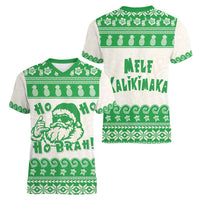 Green Mele Kalikimaka Hawaii Women V-Neck T-Shirt Funny Ho Ho Ho Santa Shaka - Polynesian Pride