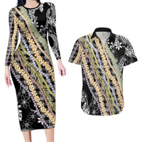 Black Palaka Hawaii Leis Couples Matching Long Sleeve Bodycon Dress and Hawaiian Shirt Hawaiian-plaid Elegant Tropical Vibes - Polynesian Pride