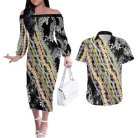 Black Palaka Hawaii Leis Couples Matching Off The Shoulder Long Sleeve Dress and Hawaiian Shirt Hawaiian-plaid Elegant Tropical Vibes - Polynesian Pride