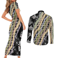 Black Palaka Hawaii Leis Couples Matching Short Sleeve Bodycon Dress and Long Sleeve Button Shirt Hawaiian-plaid Elegant Tropical Vibes LT14 - Polynesian Pride