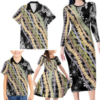 Black Palaka Hawaii Leis Family Matching Long Sleeve Bodycon Dress and Hawaiian Shirt Hawaiian-plaid Elegant Tropical Vibes - Polynesian Pride