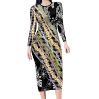 Black Palaka Hawaii Leis Family Matching Long Sleeve Bodycon Dress and Hawaiian Shirt Hawaiian-plaid Elegant Tropical Vibes - Polynesian Pride