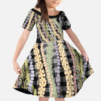 Black Palaka Hawaii Leis Family Matching Off The Shoulder Long Sleeve Dress and Hawaiian Shirt Hawaiian-plaid Elegant Tropical Vibes - Polynesian Pride