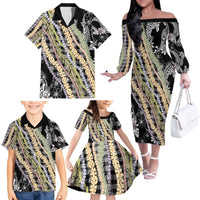 Black Palaka Hawaii Leis Family Matching Off The Shoulder Long Sleeve Dress and Hawaiian Shirt Hawaiian-plaid Elegant Tropical Vibes - Polynesian Pride