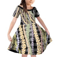 Black Palaka Hawaii Leis Family Matching Off Shoulder Short Dress and Hawaiian Shirt Hawaiian-plaid Elegant Tropical Vibes - Polynesian Pride