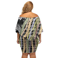 Black Palaka Hawaii Leis Family Matching Off Shoulder Short Dress and Hawaiian Shirt Hawaiian-plaid Elegant Tropical Vibes - Polynesian Pride