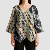 Black Palaka Hawaii Leis Kimono Sleeve Blouse - Hawaiian Plaid Elegant Tropical Vibes LT14 - Polynesian Pride