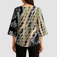 Black Palaka Hawaii Leis Kimono Sleeve Blouse - Hawaiian Plaid Elegant Tropical Vibes LT14 - Polynesian Pride