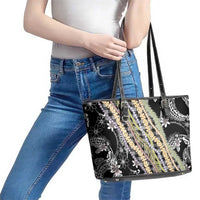 Black Palaka Hawaii Leis Leather Tote Bag Hawaiian-plaid Elegant Tropical Vibes - Polynesian Pride