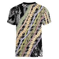 Black Palaka Hawaii Leis Women V-Neck T-Shirt Hawaiian-plaid Elegant Tropical Vibes - Polynesian Pride