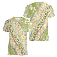 Green Palaka Hawaii Leis Women V-Neck T-Shirt Hawaiian-plaid Elegant Tropical Vibes LT14 - Polynesian Pride