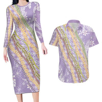Purple Palaka Hawaii Leis Couples Matching Long Sleeve Bodycon Dress and Hawaiian Shirt Hawaiian-plaid Elegant Tropical Vibes - Polynesian Pride